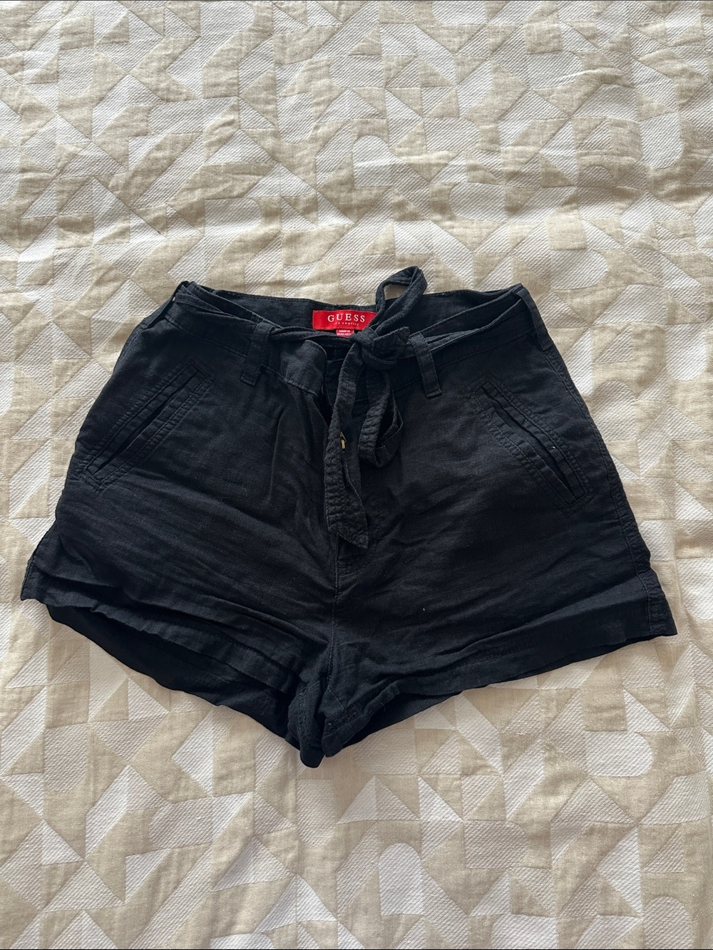Guess Black Tie-Waist Linen-Blend Shorts